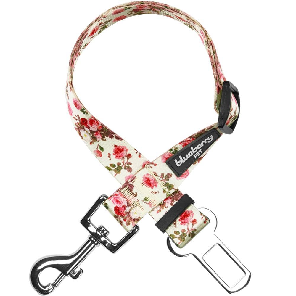 Blueberry Pet 8 Patterns Spring Scent Inspired Pink Rose Print Ivory Adjustable Dog Seat Belt Tether for Dogs Cats, Durable Safety Car Vehicle