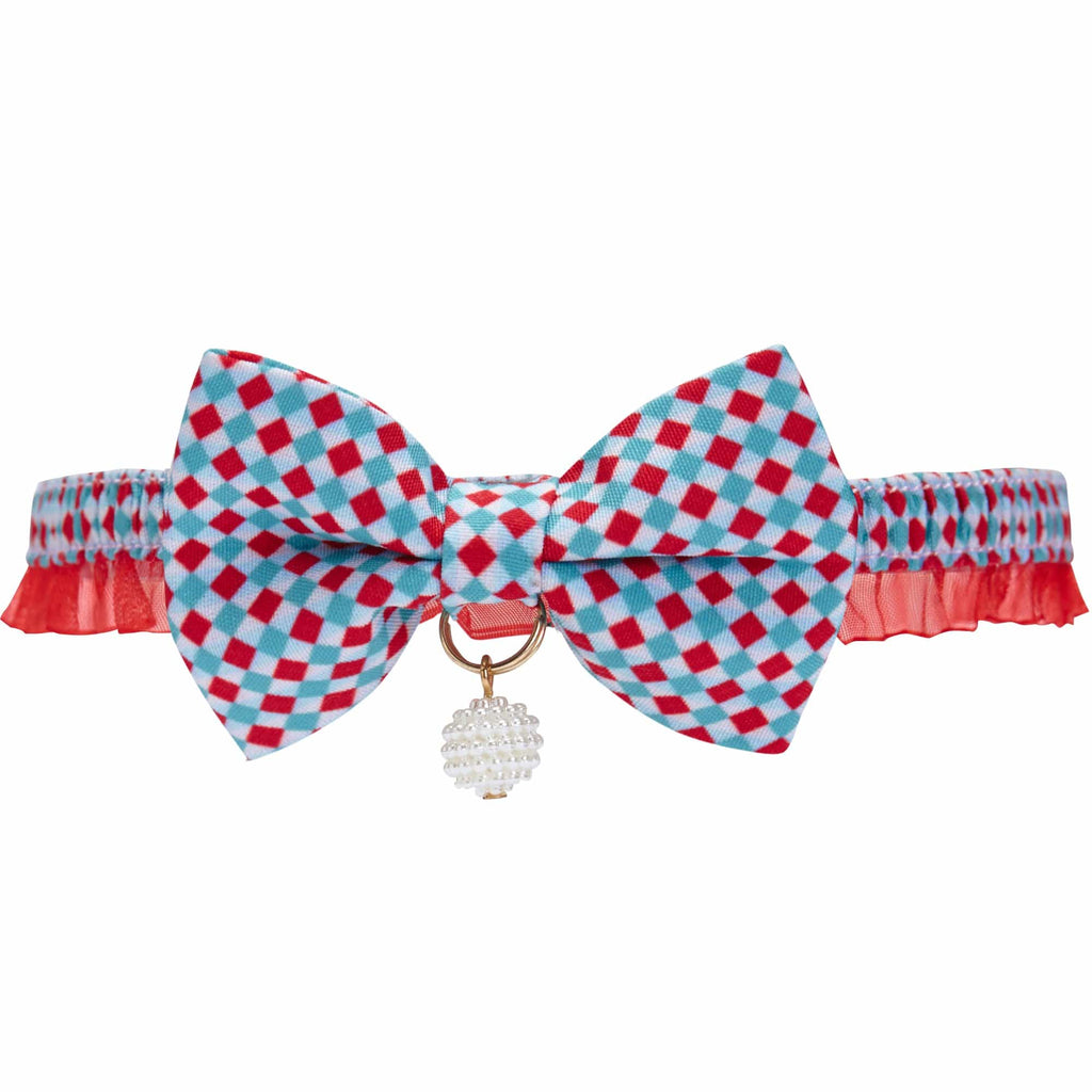 Blueberry Pet Plaid Cat Collar with Pearl and Bowtie